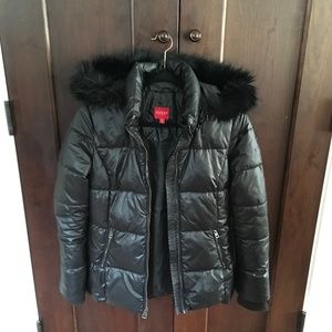 Guess Puffer Coat Black Fur Hood
